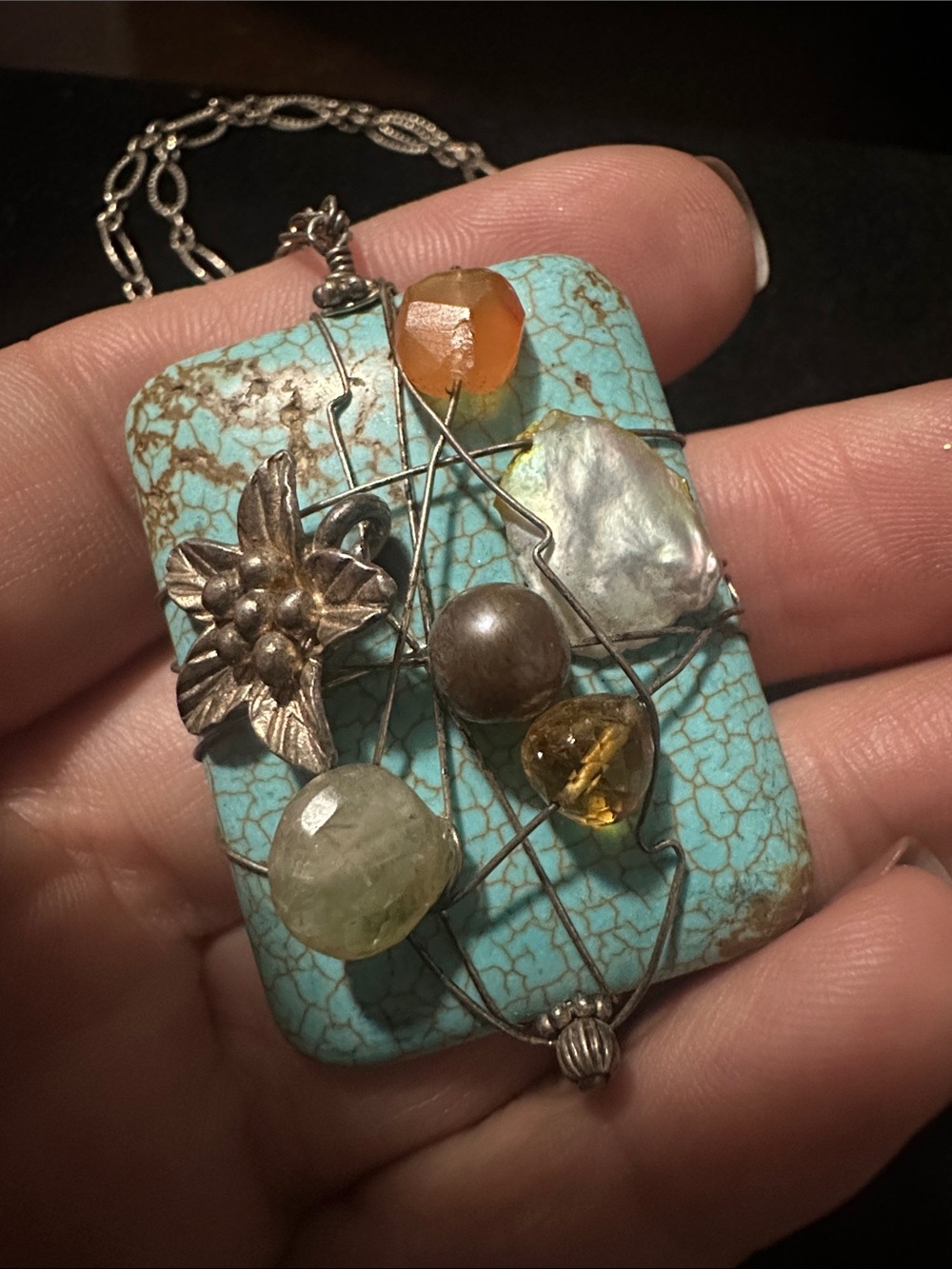 Sterling Handcrafted Turquoise Multi-Stone Pendant Necklace - Picture 2 of 5